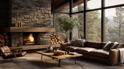 Earthy Retreat: Earth-toned colors, a leather sofa, and a stone fireplace create a warm and inviting space. Large windows bring in views of nature