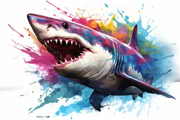 Fotobehang Illustration painting of an angry shark © Tarun