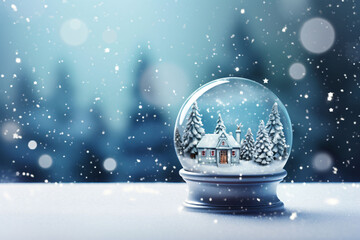Fototapeta na wymiar sparkling snow globe with a miniature winter scene inside, can be whimsical and delightful banner with text space,Christmas background