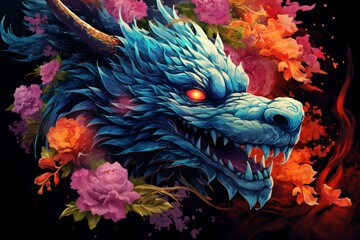 Colorful dragon tattoo design on black background