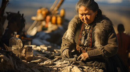 Compelling Inuit seamstress displays frustration, showcasing vexed expression and clenched fist amidst sewing fur. A poignant portrayal of intricate craftsmanship. - obrazy, fototapety, plakaty