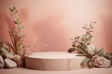 Empty podium made of pastel beige pink stone. Scene, stand with flowers