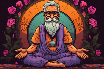 Od gray-haired man sitting in a lotus pose and meditating, surrounded by flowers. Stylish senior yoga instructor in his 60s demonstrating a meditation exercise