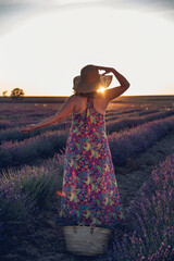 Woman with her back to the sunset in a lavender field