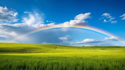 A rainbow stretching across a peaceful wheat field