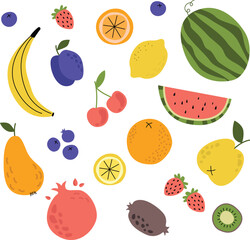 Fruit set vector illustration. Watermelon vector, banana, apple, pear, orange. Vector food fruit illustration for kids