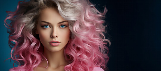Stunning woman with wavy pink hair and beautiful blue eyes - obrazy, fototapety, plakaty