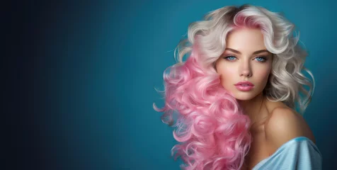 Glasbilder Schönheitssalon Beautiful girl with long glossy pink hair and blue eyes. Hair salon banner