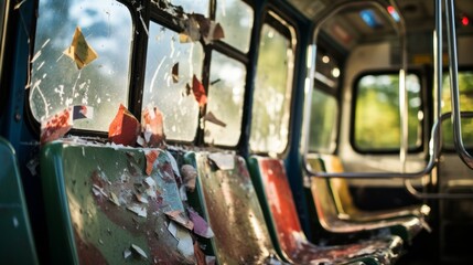 Close-up of littered and vandalized public transportation