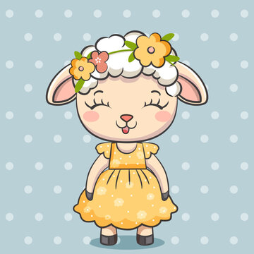 Cute cartoon baby sheep girl with flower wreath. Vector illustration.