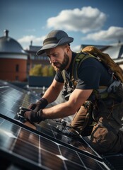 Obraz premium Technician installing solar panels on rooftop roof