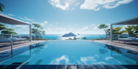 Fototapeta na wymiar Futuristic landscape of sea ocean with luxury swimming pool with palm tree in hotel pool resort. White cloud blue sky background for leisure travel and vacation. AI Generative