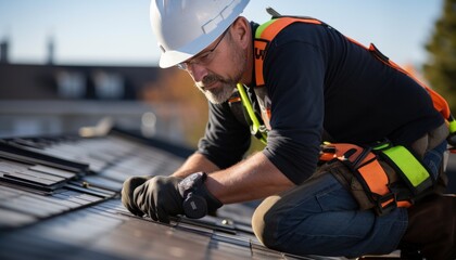 Technician installing solar panels on rooftop roof - obrazy, fototapety, plakaty