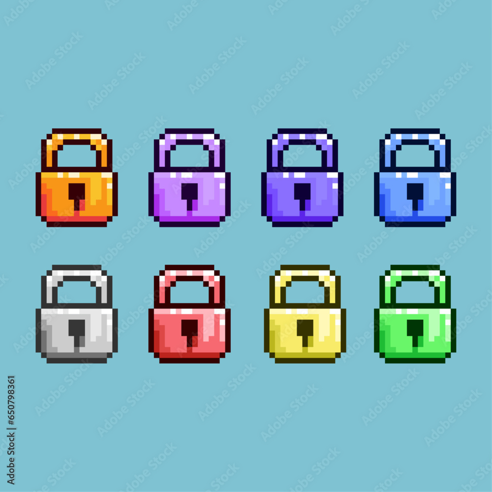 Poster pixel art sets of padlock items loot with variation color item asset simple bits of padlock on pixel