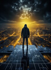 Obraz premium Technician installing solar panels on rooftop roof