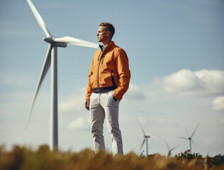 A engineer standing on top of a wind turbine