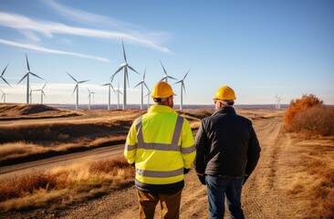 Construction workers standing in front of wind turbines