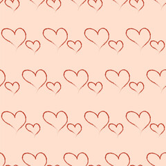 Seamless geometric pattern with red hearts by hand drawing on pink background. Valentine's day's patter. Vector print for fabric background	