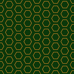 Seamless geometric pattern with golden symbols on dark green background. Vector print for fabric background	