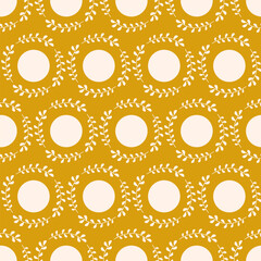 Seamless vintage geometric pattern. White leaves around circle. Vector texture. fashionable print for textiles, wallpaper and packaging.