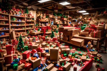 Santa's workshop with a conveyor belt of toys moving along, ready to be wrapped and delivered. - obrazy, fototapety, plakaty