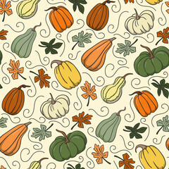 Cosy autumn pumpkins pattern on white background. Green, white, orange and brown cartoon pumpkins. Cute design for wrappin, decoration, home decor, kids textile