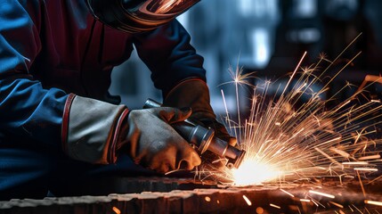 Hands holding a welding torch, creating sparks