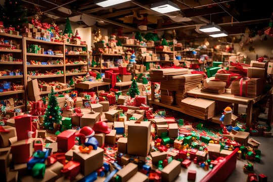 Santa's workshop with a conveyor belt of toys moving along, ready to be wrapped and delivered.