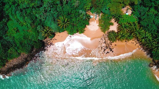 Breathtaking aerial view: Colorful beach by a jungle. Ideal for travel, nature, and adventure content. Discover scenic beauty from above.