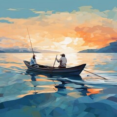 illustration painting of fishermen with fishing rod on boat
