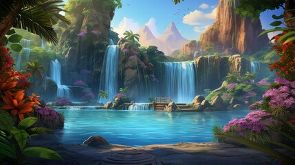 Tropical oasis surrounded by lush vegetation, vibrant flowers, and a magnificent cascading waterfall