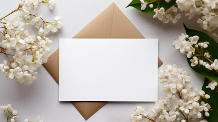 White Greeting Card Mock-up with Subtle Boho Floral Accent. Boho Flower Mockup for Special Celebrations.  Generative AI