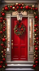 Fototapeta na wymiar A festive red door adorned with Christmas wreaths and ornaments