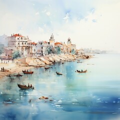 illustration painting of the town near the sea, art of water color