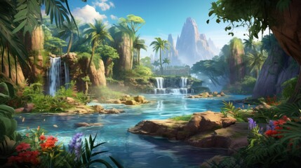 Tropical oasis surrounded by lush vegetation, vibrant flowers, and a magnificent cascading waterfall