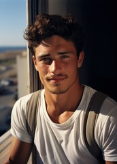 Fototapeta premium Tunisian young man standing in shade on balcony