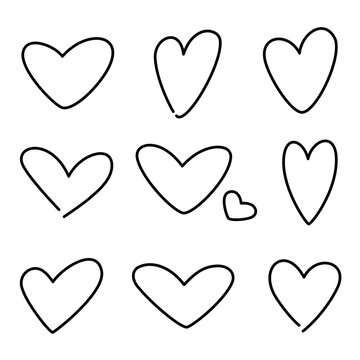 Vector hand-drawn childlike doodle heart icon set. Black stroke on white background.