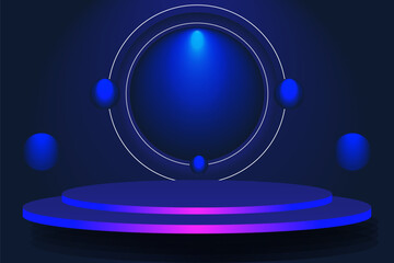 Vector futuristic 3d blue background with realistic cylinder pedestal podium semi circles glow neon light