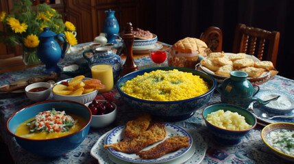 4k a table with ukrainian food colored i, generative ai