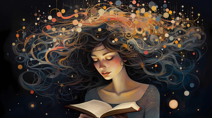 a writer with words woven into her hair, cubism, pale moonlight, her notebook glowing with tales, enticing literature event, storytelling 