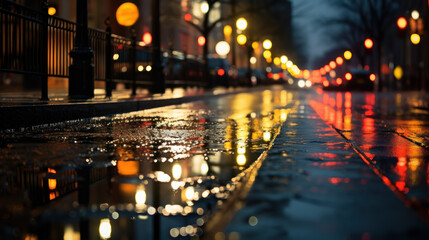 A row of streetlights reflecting on a rain-soaked city street at night. - obrazy, fototapety, plakaty