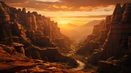 The rising sun illuminates the rugged canyon formation. - obrazy, fototapety, plakaty