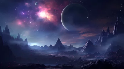 Tuinposter space wallpaper planets purple space with nebulae planet s black hole, in the style of light sky-blue and dark cyan, fantastic landscapes, flickr, free brushwork, lens flare, mystical theme  © Alin