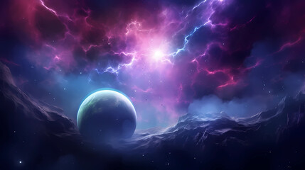 space wallpaper planets purple space with nebulae planet s black hole, in the style of light sky-blue and dark cyan, fantastic landscapes, flickr, free brushwork, lens flare, mystical theme  - obrazy, fototapety, plakaty