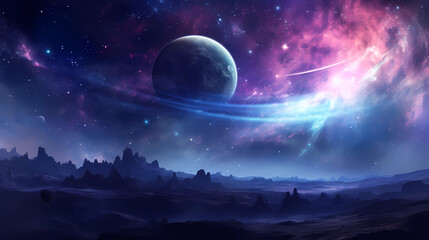 Fototapeta na wymiar space wallpaper planets purple space with nebulae planet s black hole, in the style of light sky-blue and dark cyan, fantastic landscapes, flickr, free brushwork, lens flare, mystical theme 