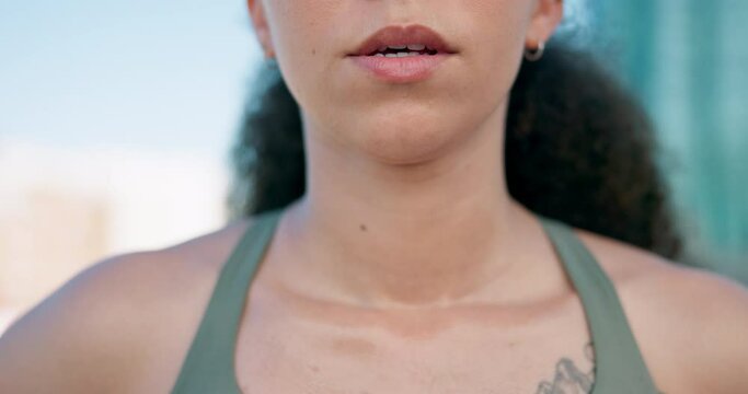 Woman, mouth breathing or runner in city for a marathon race, fitness health or sports exercise. Closeup, oxygen or lips of a tired girl athlete ready to start challenge, training or outdoor workout