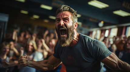Dynamically enraged fitness coach exhibiting ultimate fury, with clenched fists and a bursting red expression amidst weights in the gym.