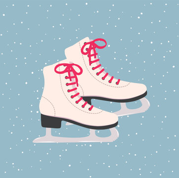 Off white ice skater with red laces illustration flat vector on snowing background. Winter activities. Cartoon style. For Christmas and New Year concept. Season greeting.