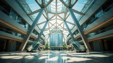 The interior of a modern building atrium with a glass ceiling - obrazy, fototapety, plakaty