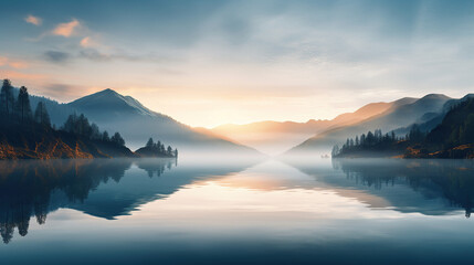 Serene Sunrise Over a Misty Mountain Lake with Reflective Waters. - obrazy, fototapety, plakaty